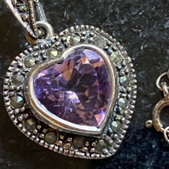 Sterling Silver Marcasite & Amethyst Heart Necklace - Picture 4 of 7